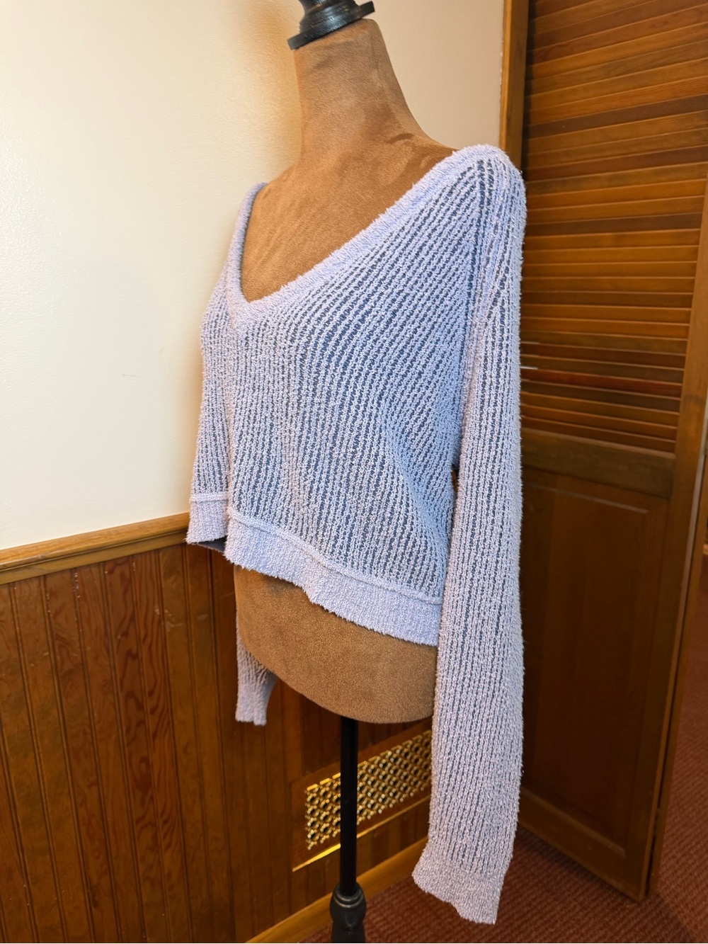 Free People Lavender V-Neck Textured Knit Sweater
